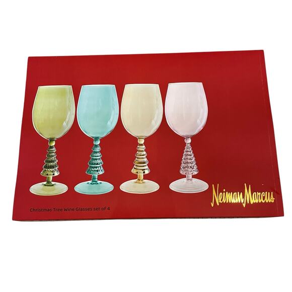 Neiman Marcus Multicolor Christmas Tree Wine Glass Set of 4 in Holiday Gift Box - Picture 7 of 9
